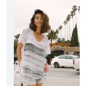 Tina Jo V-Neck Tunic Top Women Medium White Black Lagenlook Coastal Art To Wear